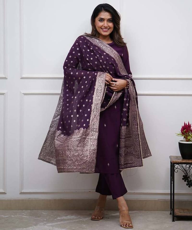 Purple chanderi embroidered readymade kurta set