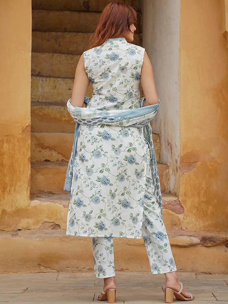 Off white cotton floral print kurta set