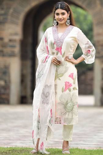 Off white georgette print sttiched kurta set