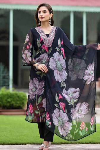 Black georgette print sttiched kurta set