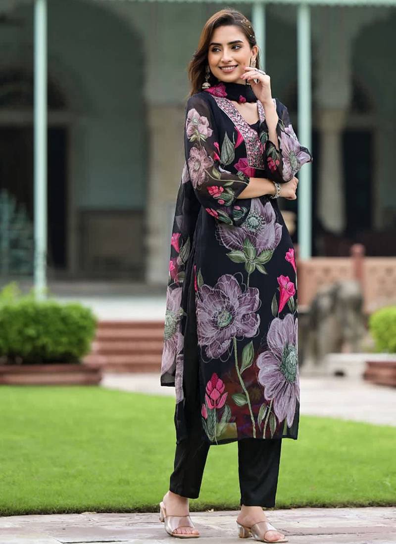 Black georgette print sttiched kurta set