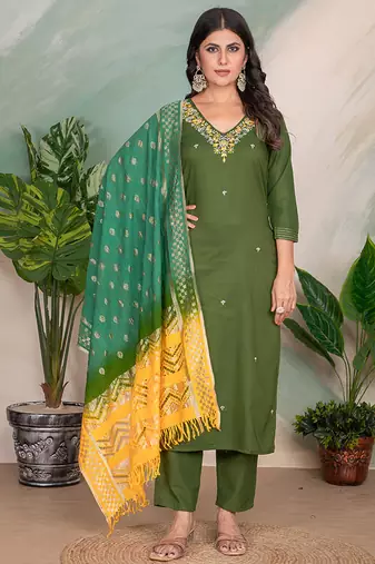 Mehendi green color roman silk with embroidered kurta set
