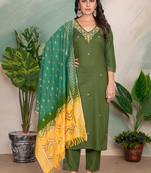 Mehendi green color roman silk with embroidered kurta set