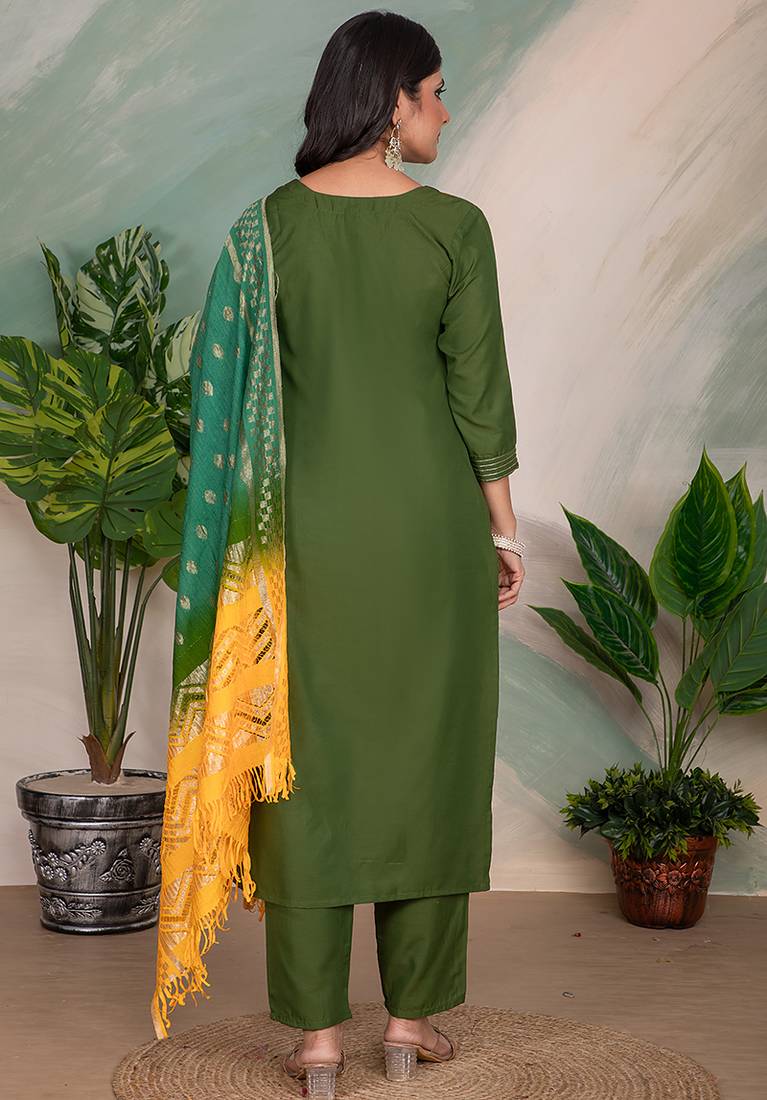 Mehendi green color roman silk with embroidered kurta set