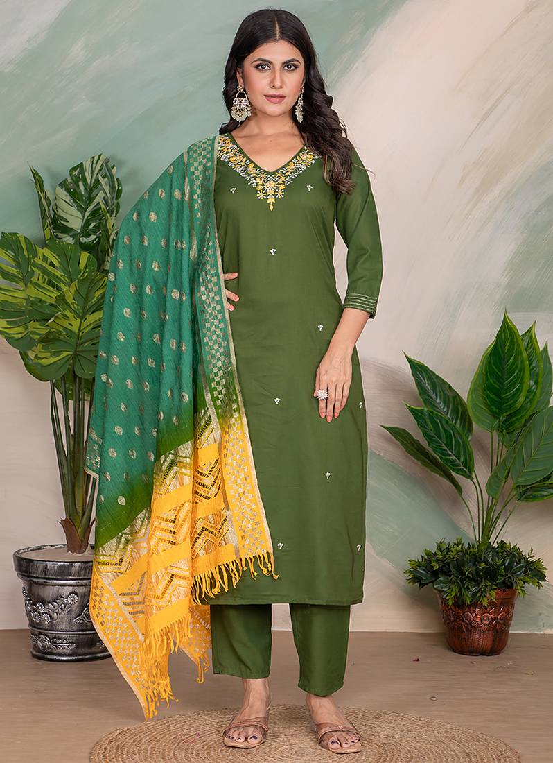 Mehendi green color roman silk with embroidered kurta set