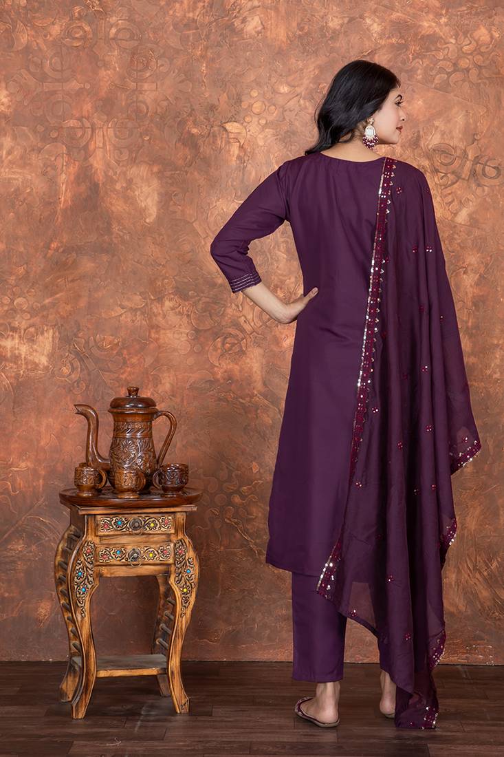 Wine color roman silk with embroidered kurta set