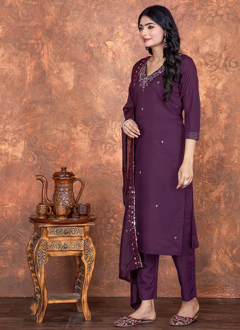Wine color roman silk with embroidered kurta set