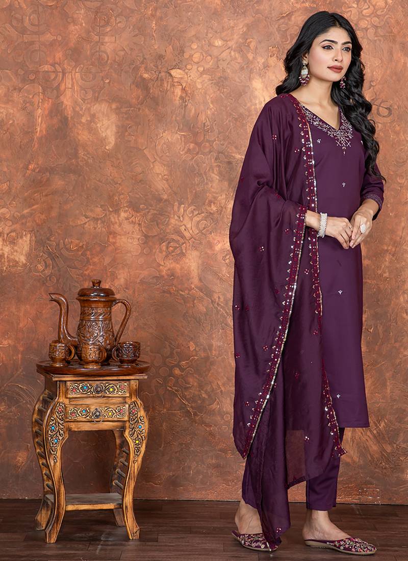 Wine color roman silk with embroidered kurta set