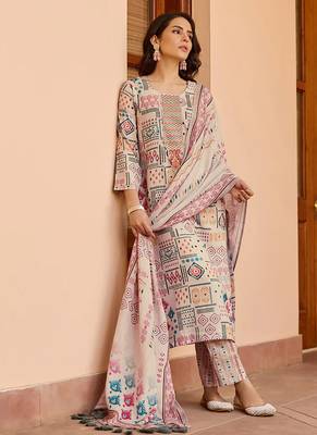 Cream cotton printed kurta set 1