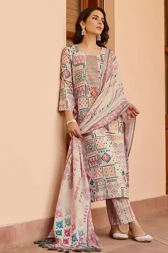Cream cotton printed kurta set