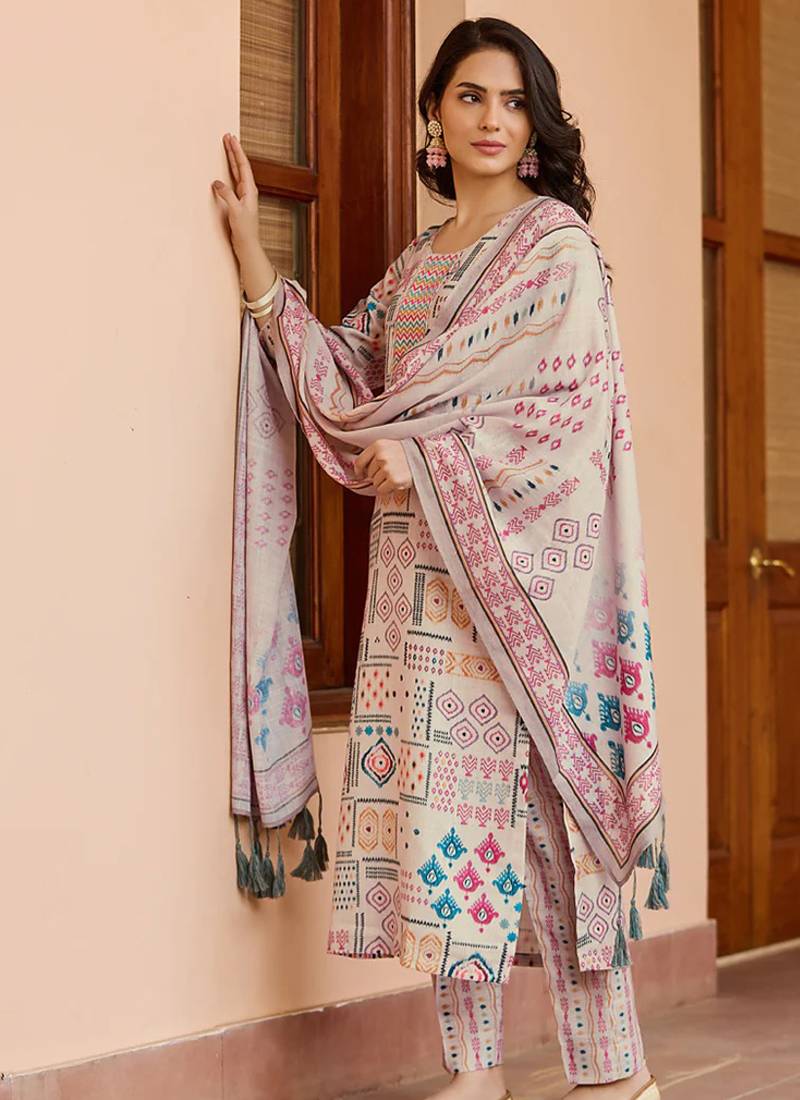 Cream cotton printed kurta set