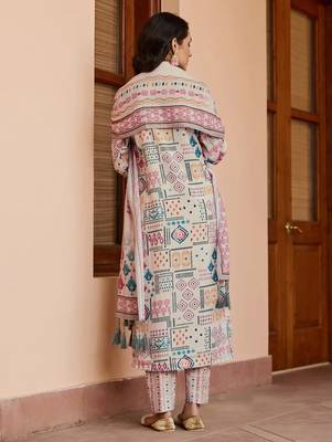Cream cotton printed kurta set 3