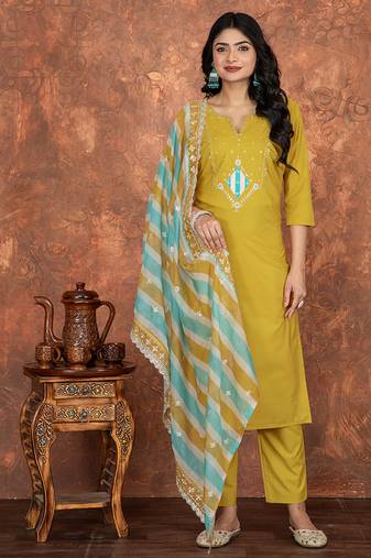 Mustard color roman silk readymade kurta set