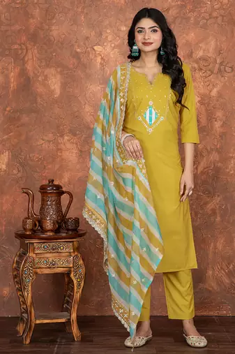 Mustard color roman silk readymade kurta set