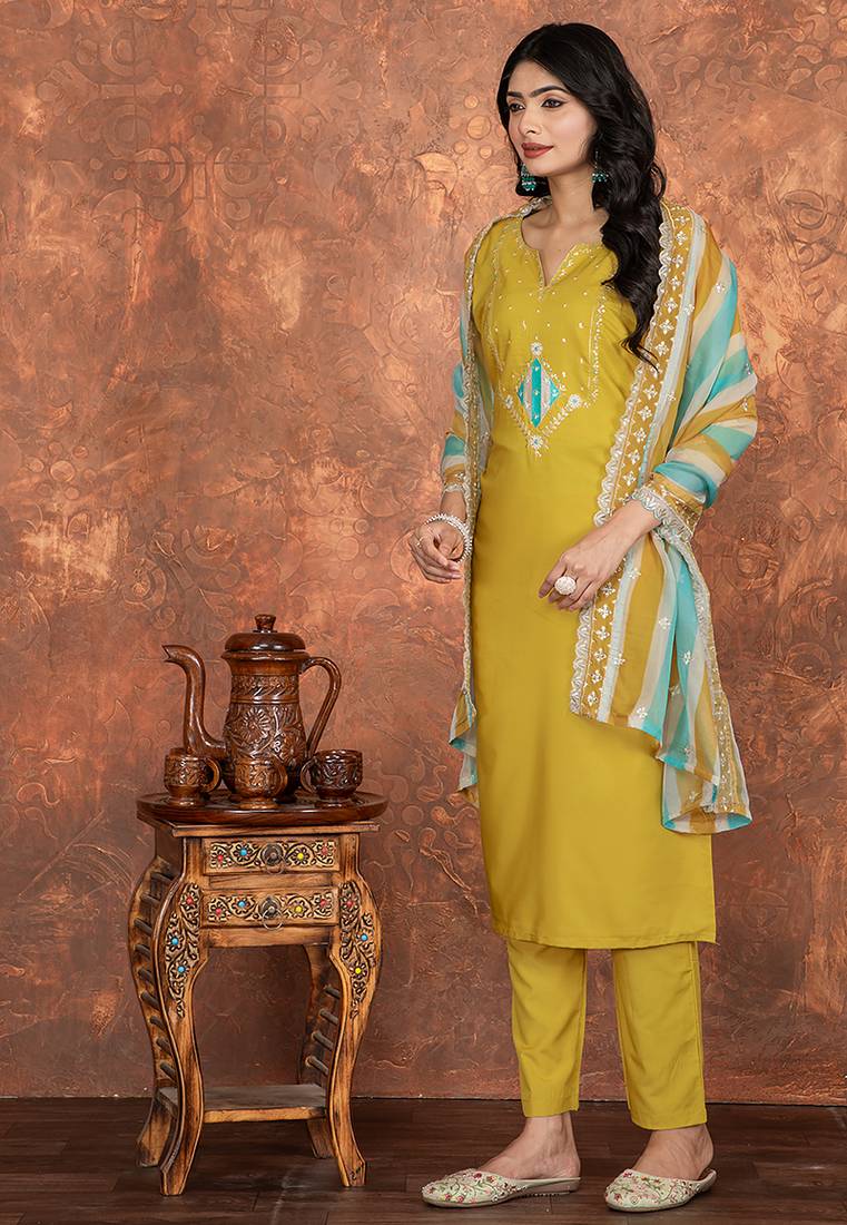 Mustard color roman silk readymade kurta set