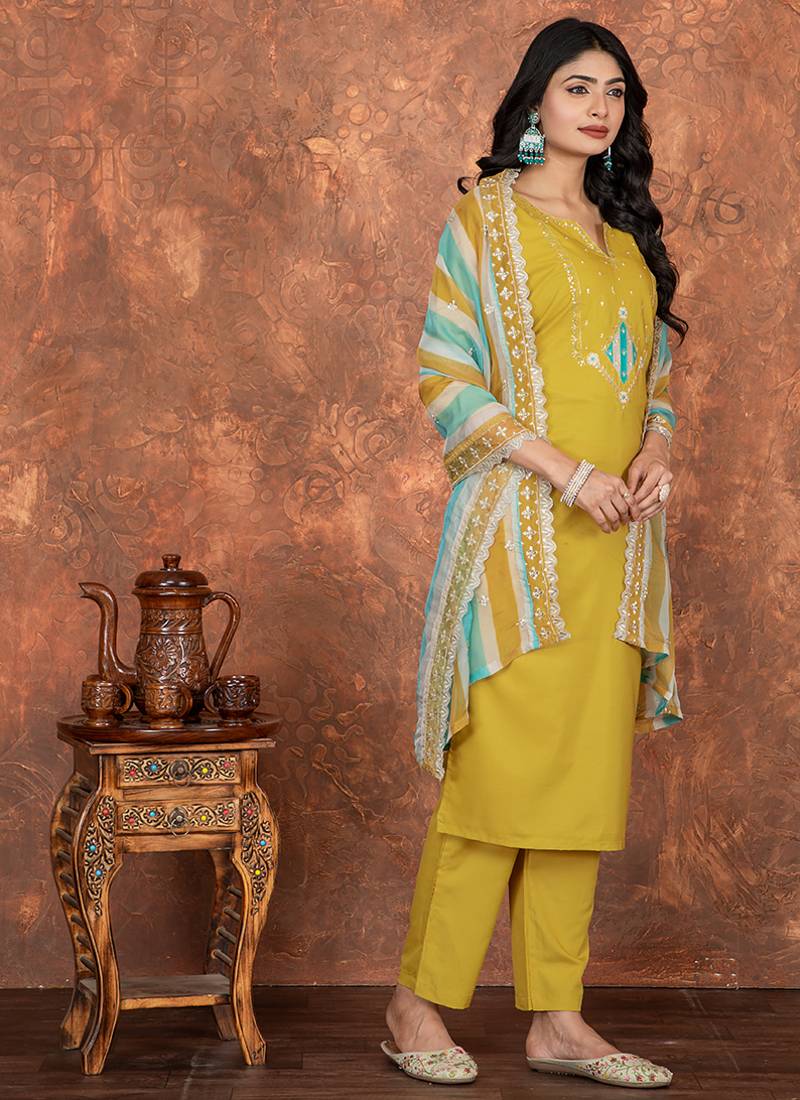 Mustard color roman silk readymade kurta set