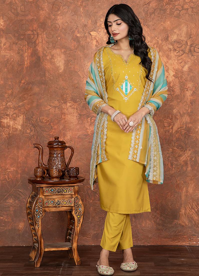 Mustard color roman silk readymade kurta set