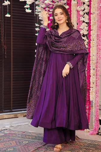 Purple color chanderi silk embroidered anarkali kurta set