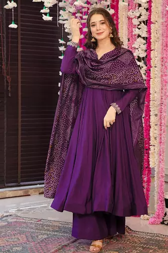 Purple color chanderi silk embroidered anarkali kurta set