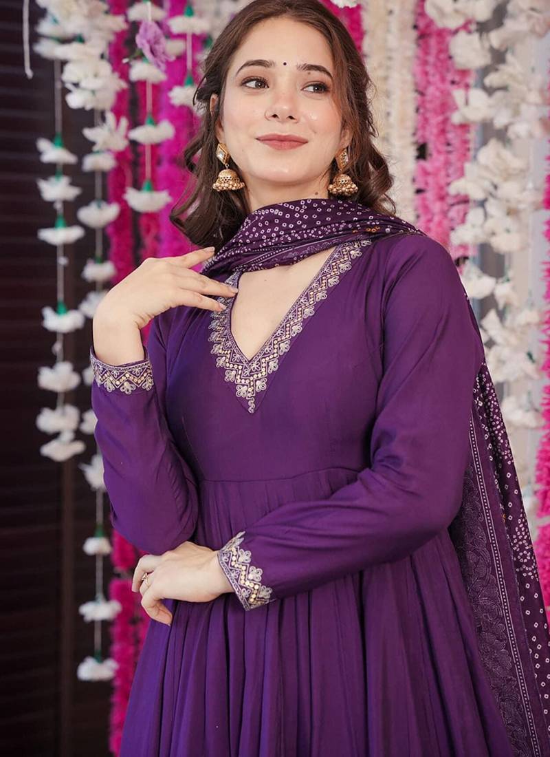 Purple color chanderi silk embroidered anarkali kurta set