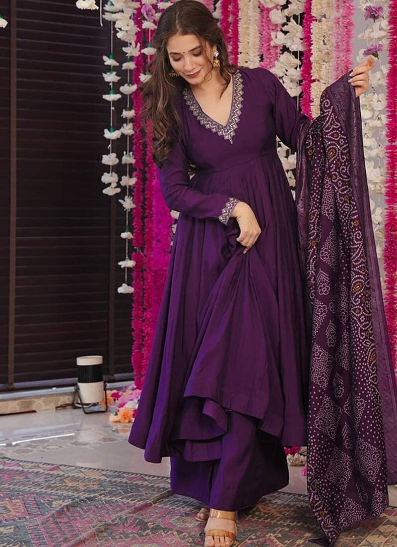 Purple color chanderi silk embroidered anarkali kurta set