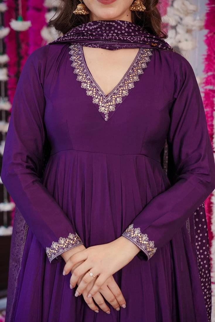 Purple color chanderi silk embroidered anarkali kurta set