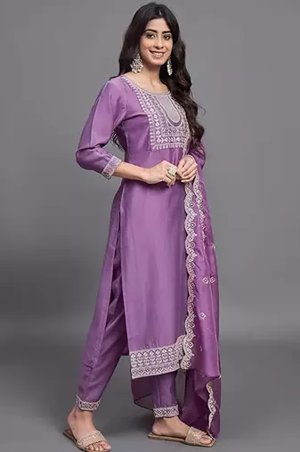Lavender color chinon viscose sttiched kurta set