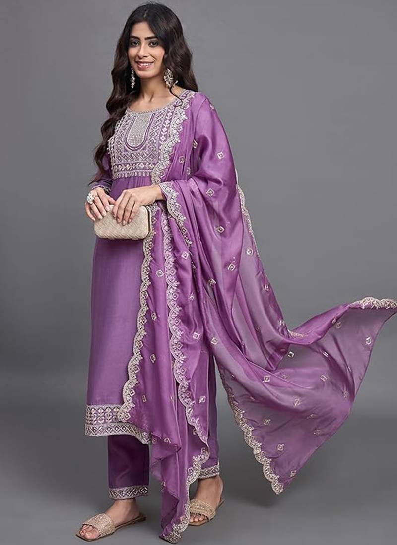 Lavender color chinon viscose sttiched kurta set