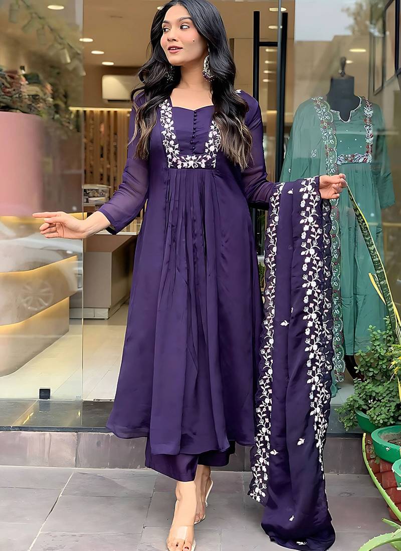 Navy blue color embroidred  silk anarkali suit