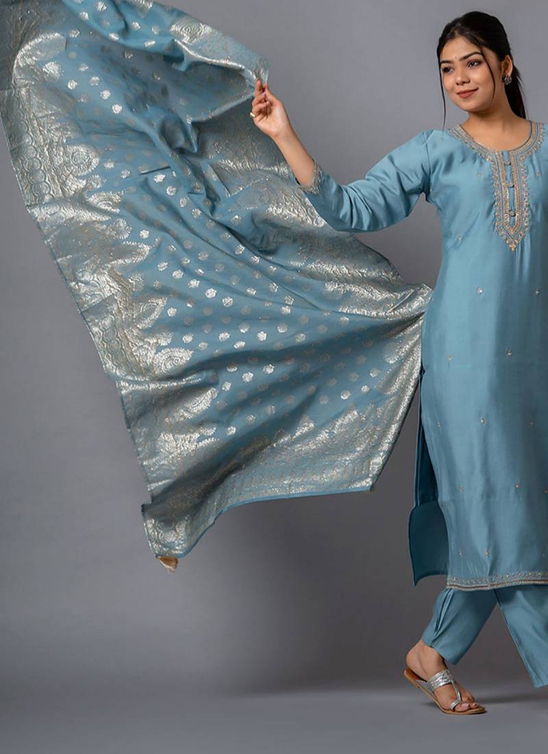 Grey color chanderi viscose sttiched suit