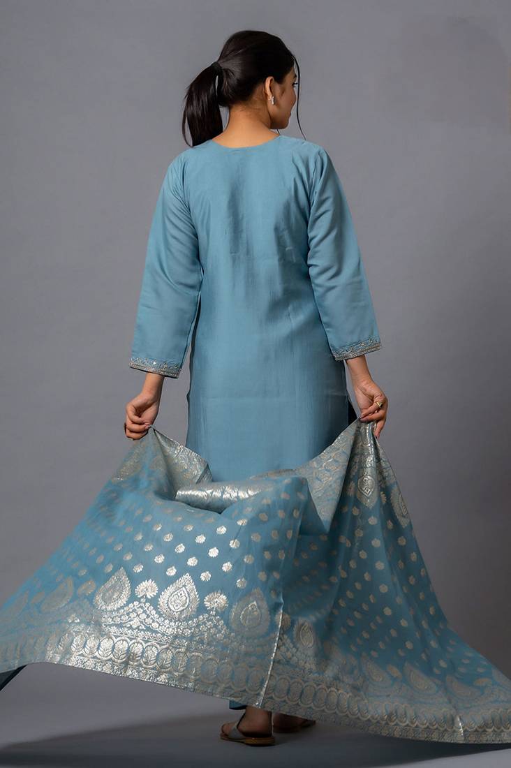 Grey color chanderi viscose sttiched suit