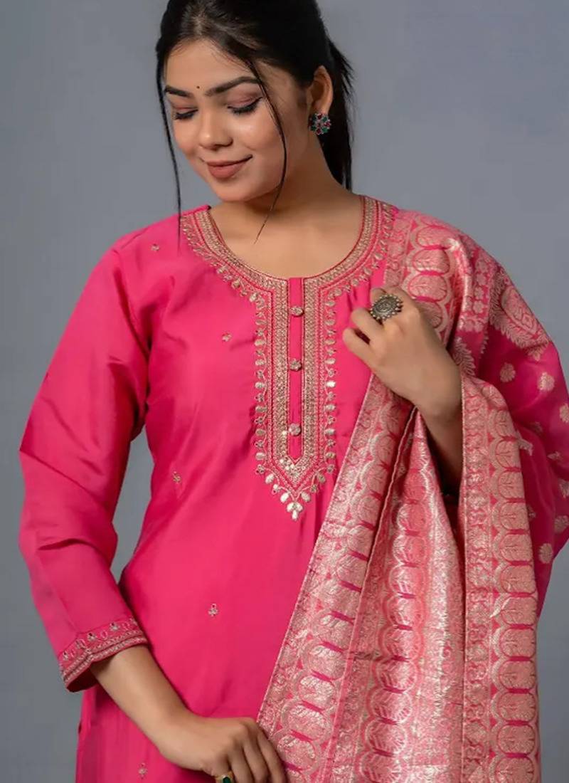 Rani pink color chanderi viscose sttiched suit