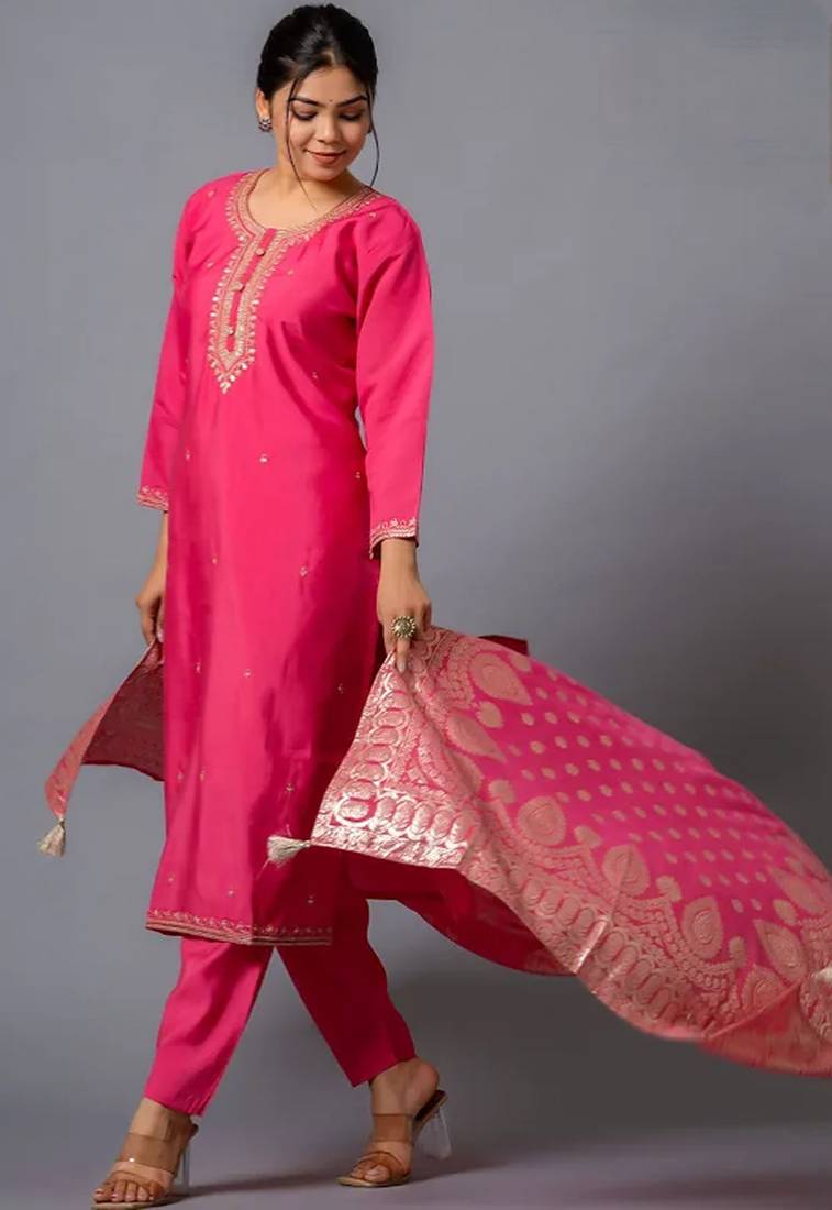 Rani pink color chanderi viscose sttiched suit