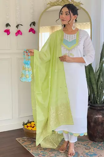 White color viscose chanderi sttiched straight suit