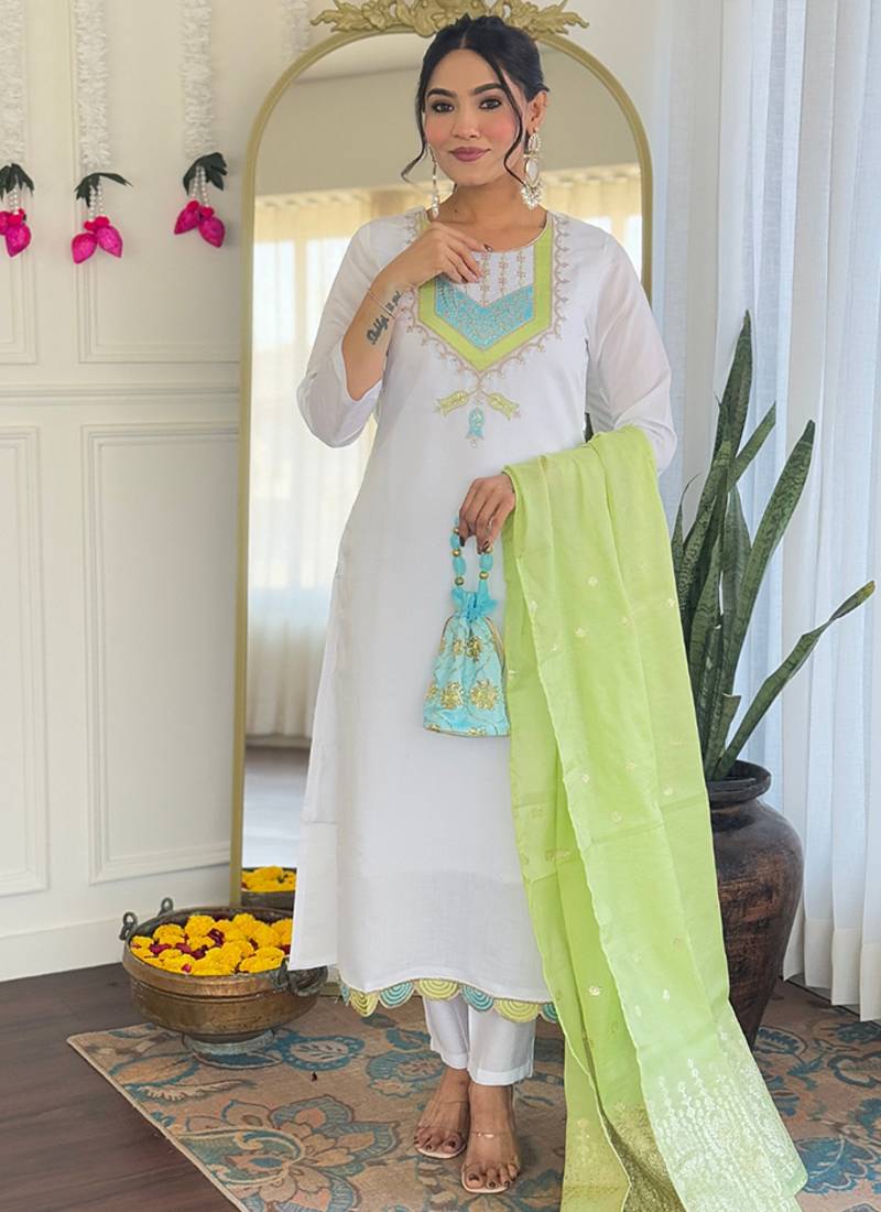 White color viscose chanderi sttiched straight suit