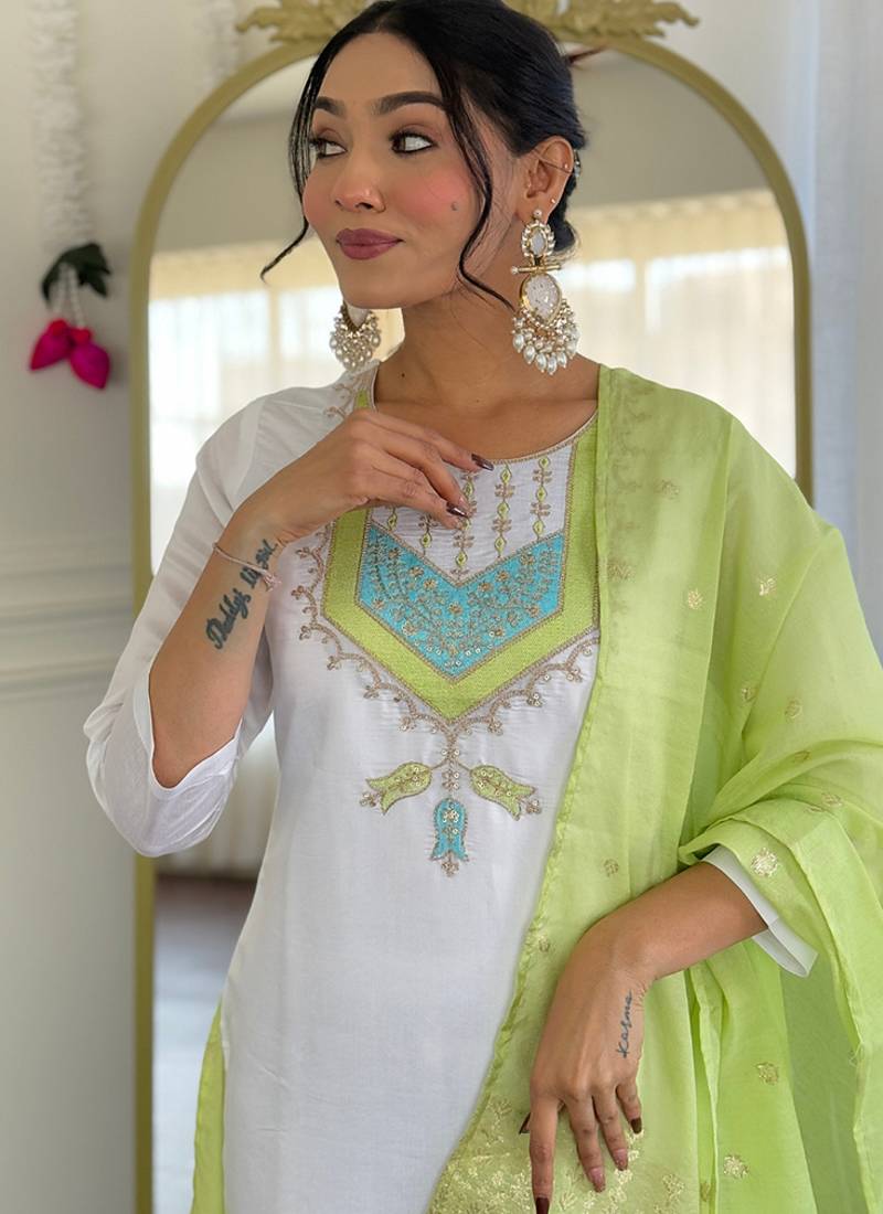 White color viscose chanderi sttiched straight suit