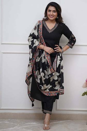 Black color viscose silk sttiched straight suit