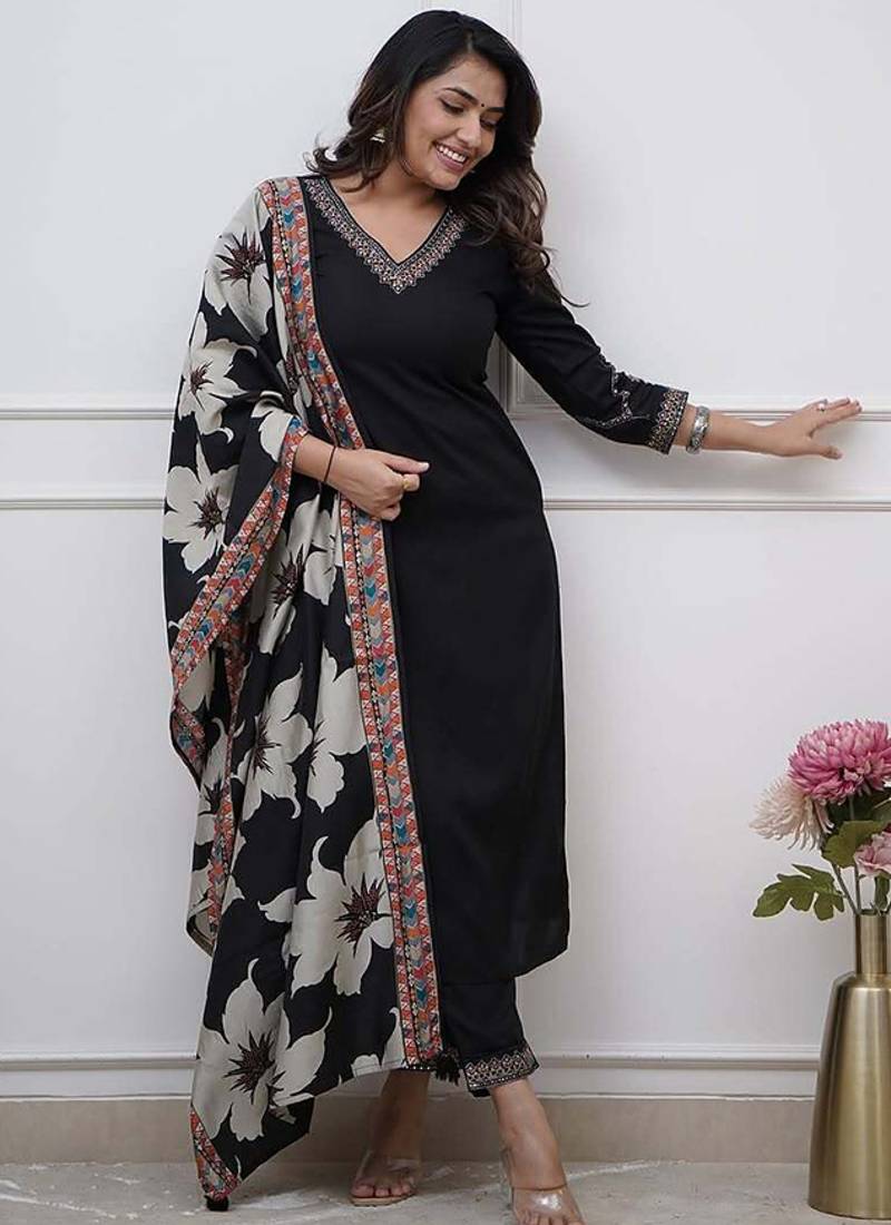 Black color viscose silk sttiched straight suit