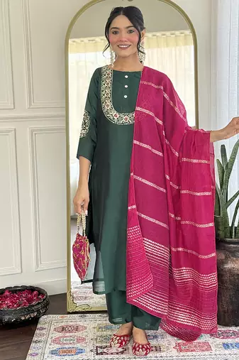 Dark green color vichitra silk embroidered straight suit