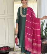 Dark green color vichitra silk embroidered straight suit