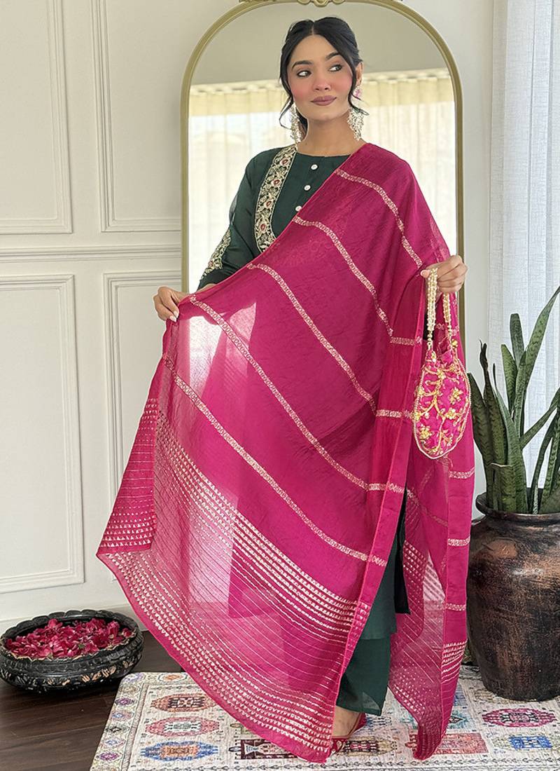 Dark green color vichitra silk embroidered straight suit