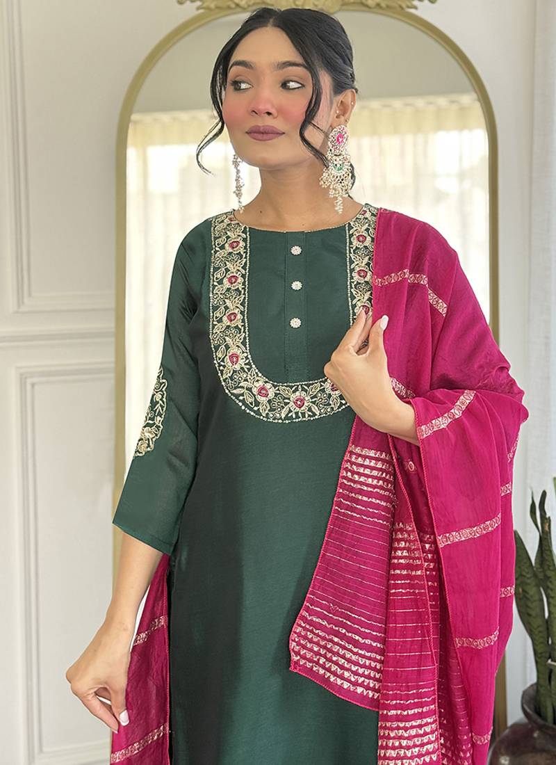 Dark green color vichitra silk embroidered straight suit