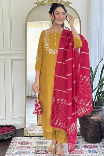 Yellow color vichitra silk embroidered straight suit