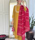 Yellow color vichitra silk embroidered straight suit