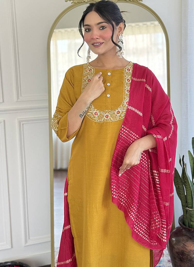 Yellow color vichitra silk embroidered straight suit