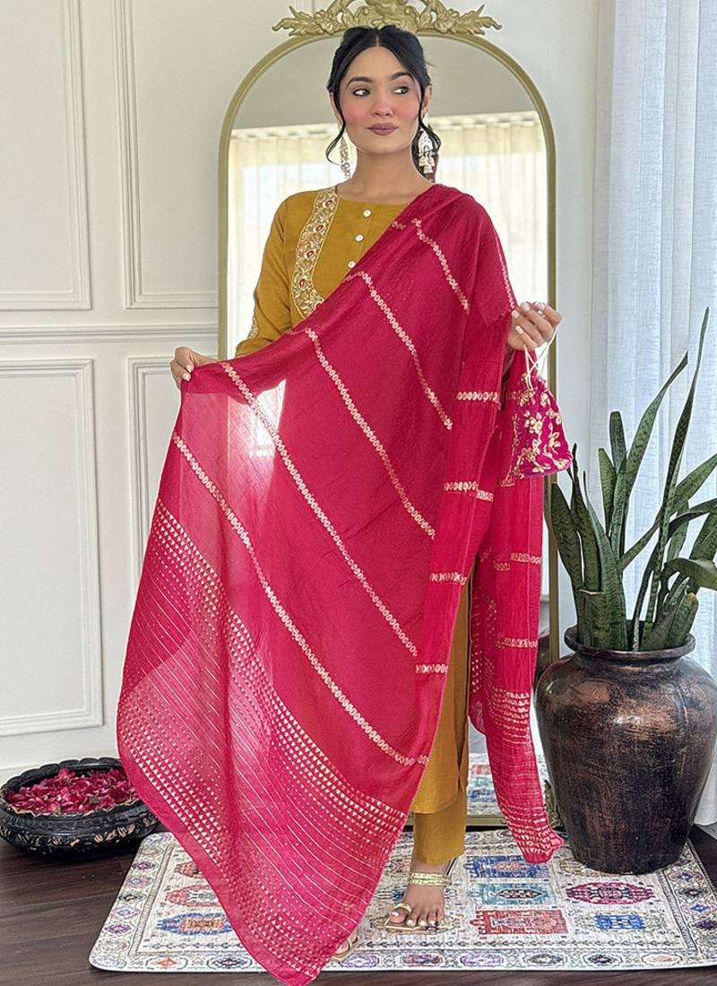 Yellow color vichitra silk embroidered straight suit