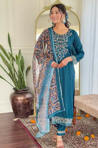 Teal blue color chanderi silk  kurta set