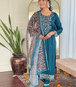 Teal blue color chanderi silk  kurta set