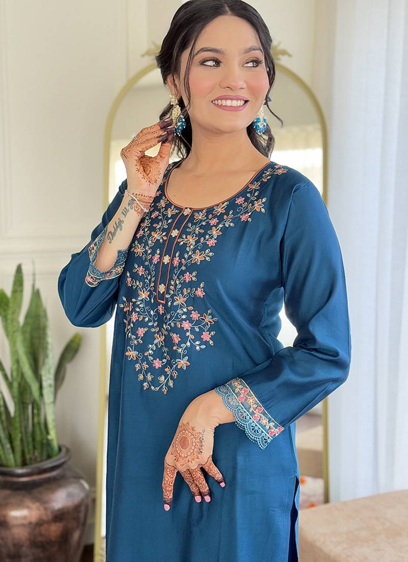 Teal blue color chanderi silk  kurta set