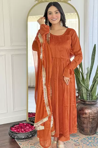 Orange color vichitra silk embroidered  anarkali suit